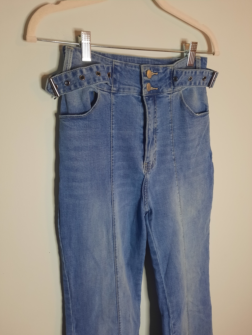 Jealous Tomato Sz Small, High-Waist Blue Flare Jeans, Side Belt, Hippy, Boho - Picture 3 of 7
